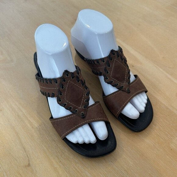 Paul Green Sandals Womens 7.5 Brown Leather Gold Studs Slip on Whipstitch Heels - Picture 1 of 9